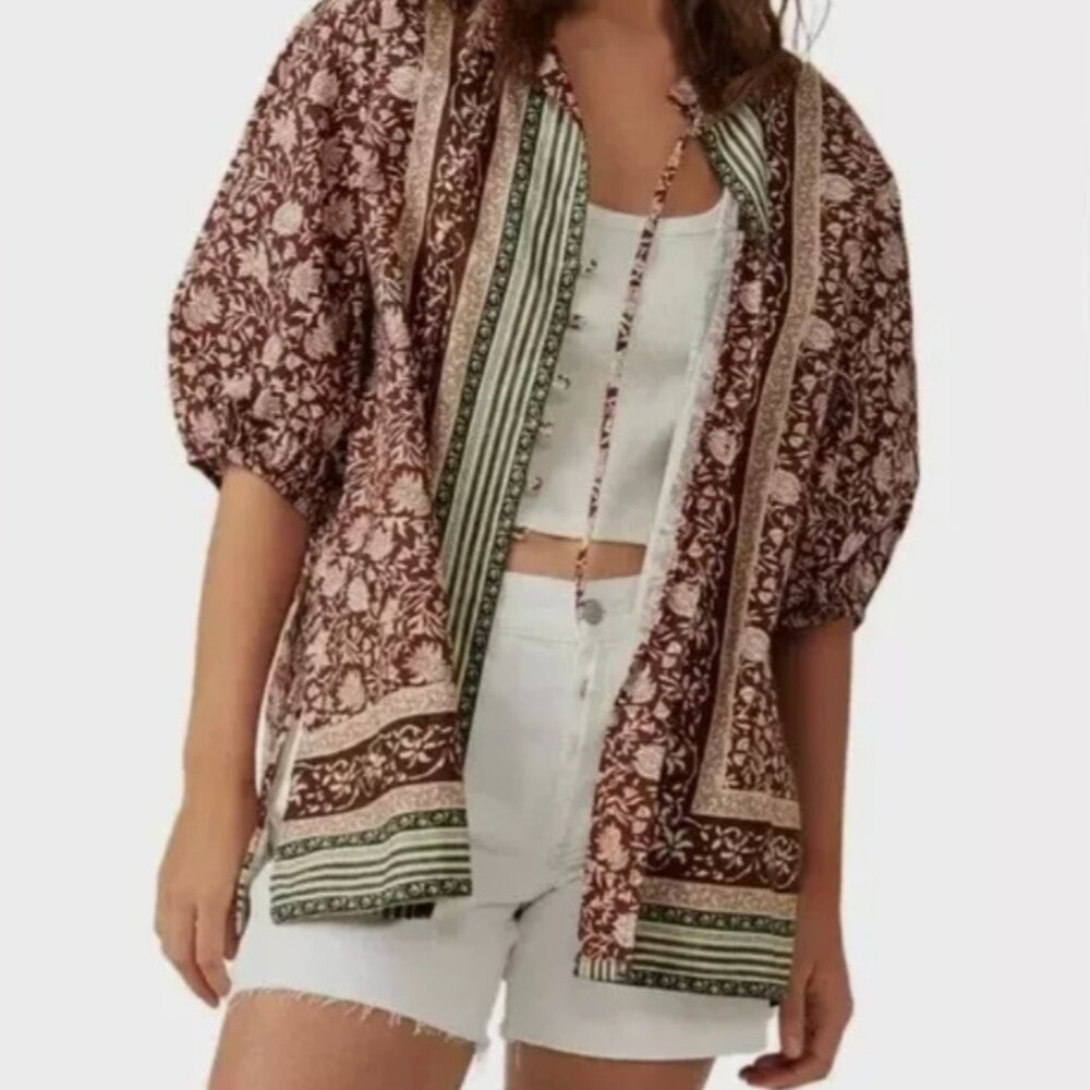 NWOT Free People We The Free Batik Border Floral Boho Blouse Size Medium
